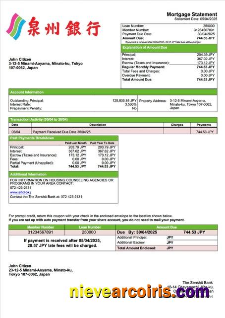 Japan The Senshū Bank mortgage statement Word and PDF template